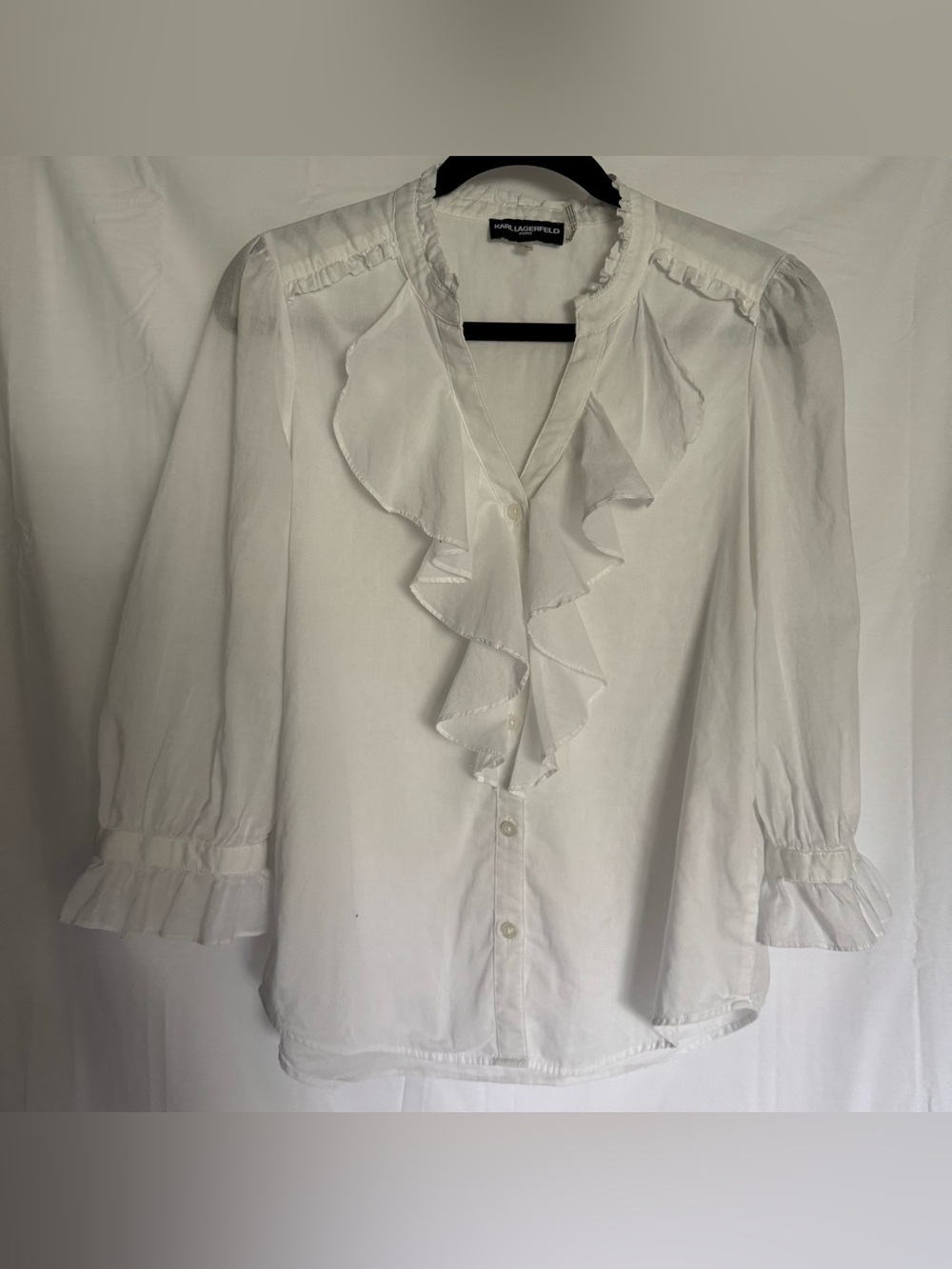 Karl Lagerfeld Paris White Ruffle Front Button Down Blouse - Size S